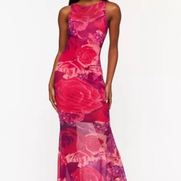 Pink Floral Maxi Dress (M) | sheer, purple, sleeveless, mermaid, flared, barbie - Picture 2 of 10